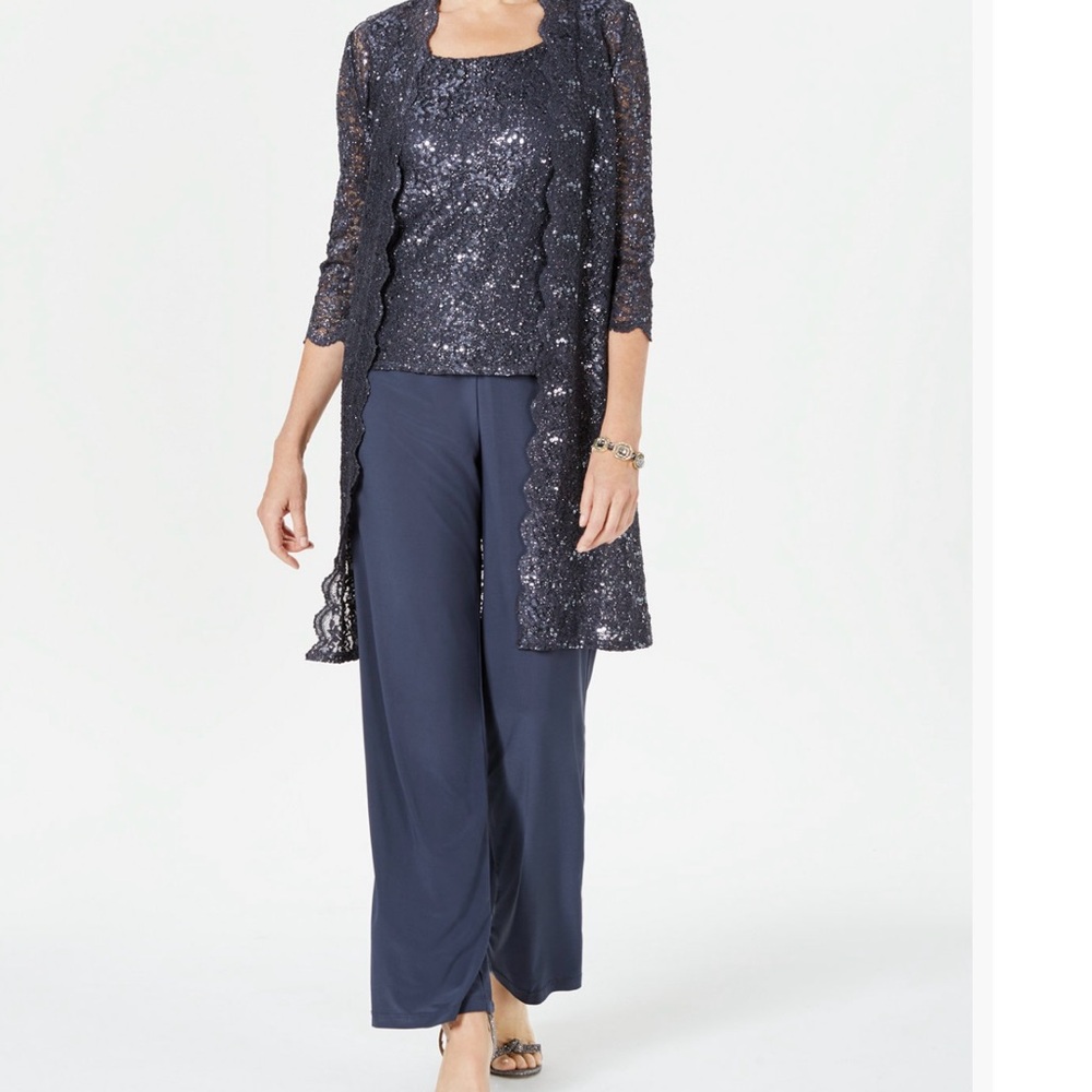 Coal grey sequined 3 piece pant set, size 16